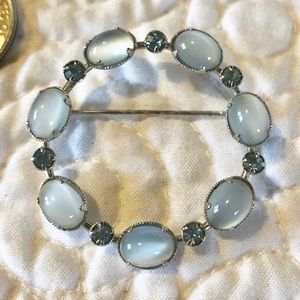 Silver and blue circle brooch pin w/ stones & gems